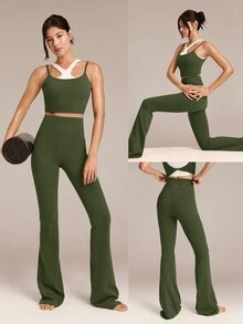 GLOWMODE 35" FeatherFit™ Go Groove Ultra Long Flare Leggings Low Impact Yoga Pilates Studio Daily Casual Wear Spring Summer - Army Green - View 6