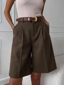 Lavishia 女款秋冬新款不對稱腰線通勤辦公七分褲，優雅休閒通勤風，獨特時尚，附鈕扣口袋，亞麻材質，適合商務與度假穿著 - 摩卡棕 - 查看 4