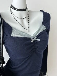 DAZY Sweater Lipit Lengan Panjang Wanita dengan Dekorasi Pita Warna Kontras, Cocok untuk Musim Gugur, Sehari-hari, Kencan, Warna Biru Tua, Romantis, Imut, Gaya Y2k - Navy Blue - View 10
