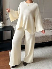 Dazy Plus Spring/Summer Loose Fit Shirt Top & Wide Leg Flowy Pants White Set Plus Size Women Spring/Summer/Autumn New 2 Pieces Outfit - Apricot - View 7