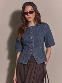 COSMINA Denim Women's Casual Commute Waist-Cinching Denim Top - Dusty Blue - View 5