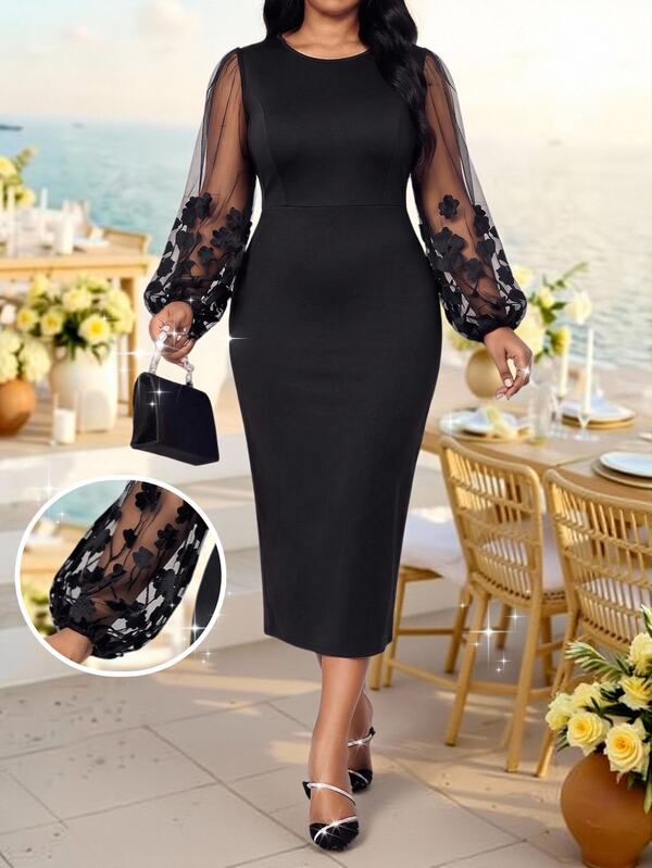 SHEIN Lady Plus Size Elegant Party Floral Embroidered Mesh Patchwork Dress