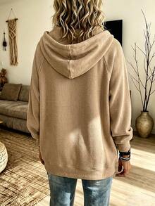 EMERY ROSE Women's Solid Color Raglan Long Sleeve Zip-Up Half Placket Pocket Casual Sweatshirt - Khaki - View 2