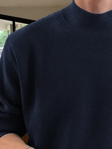 Marcello Vane 男士休閒純色立領毛衣，秋冬款 - 寶藍色 - 查看 3