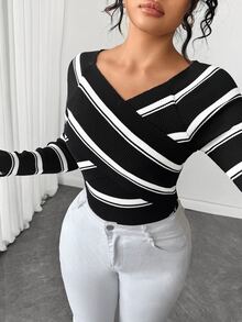 SHEIN Elenzya Plus Size Colorblock Striped Criss-Cross Wrap Sweater - Black - View 5