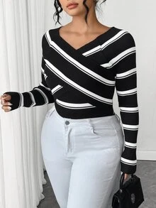 SHEIN Elenzya Plus Size Colorblock Striped Criss-Cross Wrap Sweater - Black - View 3