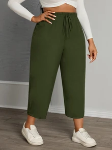 SHEIN PETITE CURVE 女款大尺碼純色抽繩腰休閒百搭日常穿著長褲 - 軍綠色 - 查看 3
