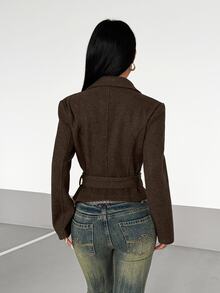 StreetHx Mantel Lengan Panjang Kancing Ganda dengan Desain Kerah - Coffee Brown - View 2