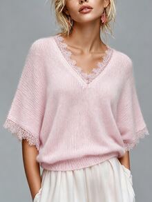 SHEIN LUNE CURVE كنزة صوفية محبوكة وردي فاتح ناعم مع حافة دانتيل وياقة على شكل حرف V مقاس كبير - وردي - مشاهدة 1