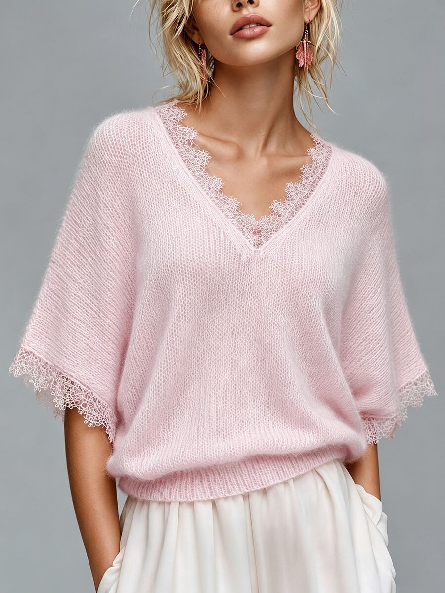 SHEIN LUNE CURVE كنزة صوفية محبوكة وردي فاتح ناعم مع حافة دانتيل وياقة على شكل حرف V مقاس كبير - وردي - مشاهدة 1