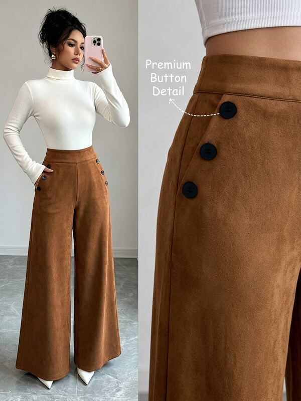 Elenzga Women's Autumn Brown Suede Fabric Contrast Button Decor Dual Pocket Loose Wide Leg Pants Long Pants High-End Elegant Birthday Gift Party Outfit Workplace Commute High Aura Outfit Christmas Halloween Spring Festival Holiday Outfit Street Photography Atmosphere Outfit Autumn Clothing Autumn Long Pants Autumn/Winter New Essential Fashion Item Niche Versatile Style Women's Long Pants