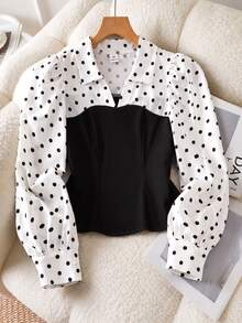 Casuvi Kids Tween Girls Chic Cute Elegant White And Black Polka Dot Blouse, Warm Contrast Colorblock Lapel Neck Pullover Shirt School Autumn - White - View 1