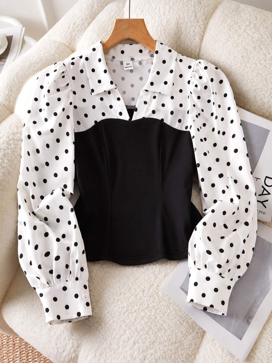 Casuvi Kids Tween Girls Chic Cute Elegant White And Black Polka Dot Blouse, Warm Contrast Colorblock Lapel Neck Pullover Shirt School Autumn - White - View 1