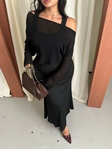 GalTyme Plus Size Women's Summer Asymmetrical Shoulder Long Sleeve Top And Tank Dress 2 Pieces Set - Black - View 6