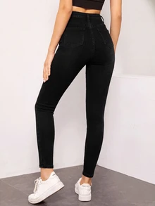 SHEIN Essnce 休閒水洗高腰修身牛仔褲 - 黑色 - 查看 2