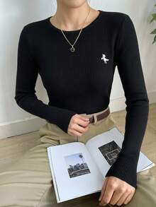DAZY 女款馬馬圖案長袖商務休閒套頭毛衣 - 黑色 - 查看 5