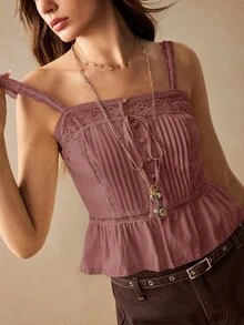Willow Rêve Atasan Camisole Wanita Motif Bordir Patchwork Renda Bergaya Vintage Romantis - Dusty Pink - View 4