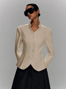 LYSMO Women's Solid Color Long Sleeve Single-Breasted Casual Blazer - Khaki - View 5