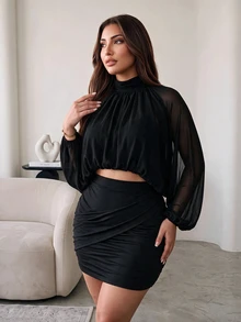 Hourglow Plus Size Women's Black 2 Pieces Skirt Set, High Neck Draped Long Sleeve Blouse Top And Ruched Bodycon Mini Skirt Fall - Black - View 3