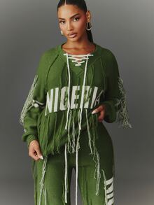 NYA SZN Sweater Lengan Panjang Bergaris Rumbai "Nigeria" Gym Perjalanan Athleisure Nyaman Olahraga Chic Kasual Festival Lucu Liburan Longgar Hijau Musim Gugur Musim Dingin - Hijau - View 1
