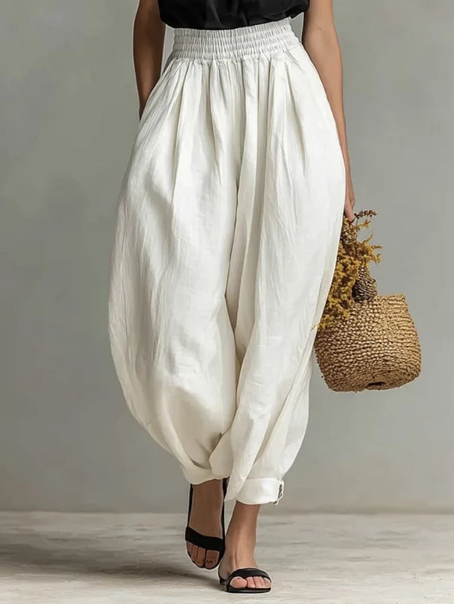 SHEIN Holidaya Vintage Textured Lantern Pants With Elastic Waist And Cuffed Wide Leg, Bohemian Style Beach Vacation Casual Long Pants - White - View 1