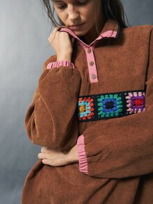 Bohemela كنزة نسائية كاجوال منسوجة بتصميم رقعات - بني - مشاهدة 4