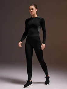 Powerista Women's Black & Gray Slim Fit Patchwork Long Sleeve Sports T-Shirt - Black - View 6