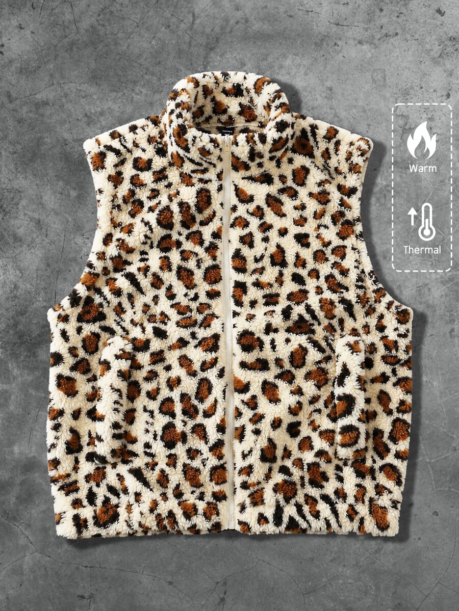 ROMWE MEN Street Life Men's Comfortable Leopard Print Zipper Vest Jacket - Multicolor - View 1