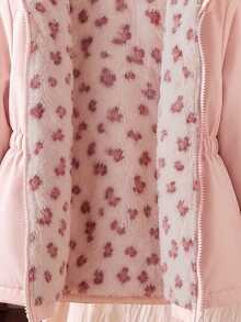 SHEIN Elladie kids 1件少女冬季粉色花卉保暖內裡拉鍊連帽外套，彈性腰部，加厚保暖通勤百搭簡約西式時尚夾克 - 粉色 - 查看 4