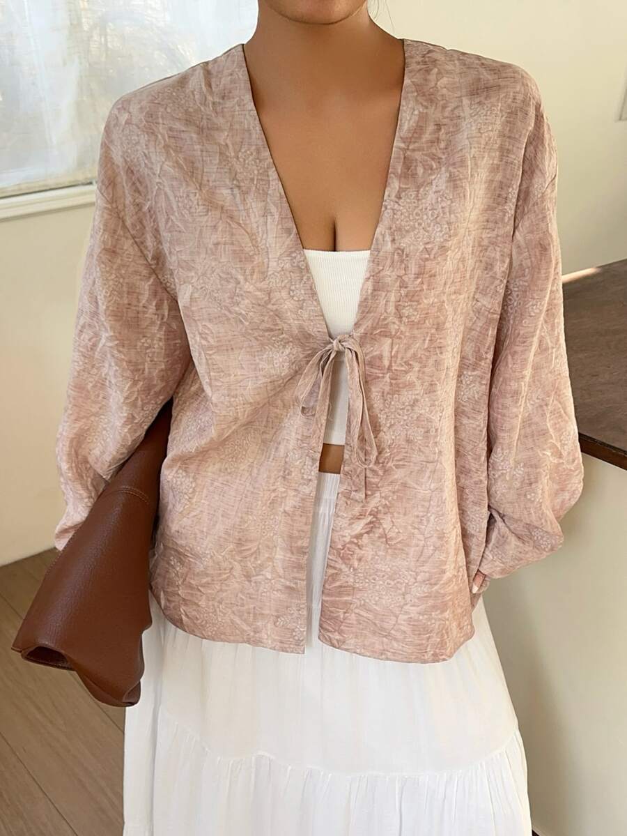 Dazy Plus Commuter Summer Autumn V-Neck Tie-Up Embroidered Fabric Pink Loose Regular Fit Jacket - Pink - View 1