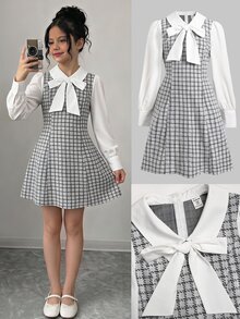 SHEIN 兒童青少年女孩休閒簡約優雅翻領大蝴蝶結裝飾格紋拼接 2 合 1 長袖 A 字短洋裝 - 淺灰色 - 查看 4