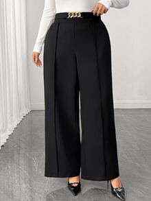SHEIN Elenzya Celana Panjang Lurus Elegan Ukuran Plus dengan Kantong, Hiasan Rantai Pinggang, dan Karet Elastis yang Dapat Diatur - Hitam - View 1