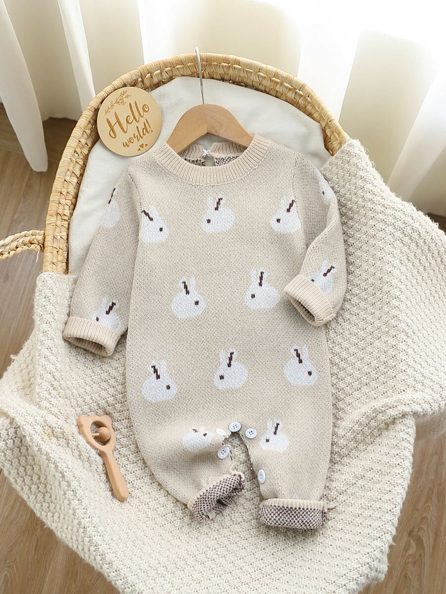 Bộ romper len dệt tay cổ tròn tay dài họa tiết hoạt hình cho bé gái - Nhiều màu - Xem 1