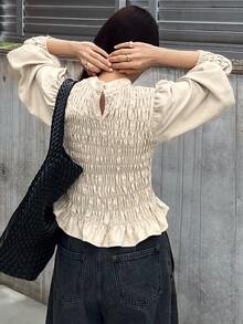 FRIFUL Women's Solid Color Pleated Casual Versatile Daily Long Sleeve T-Shirt Fall - Apricot - View 5