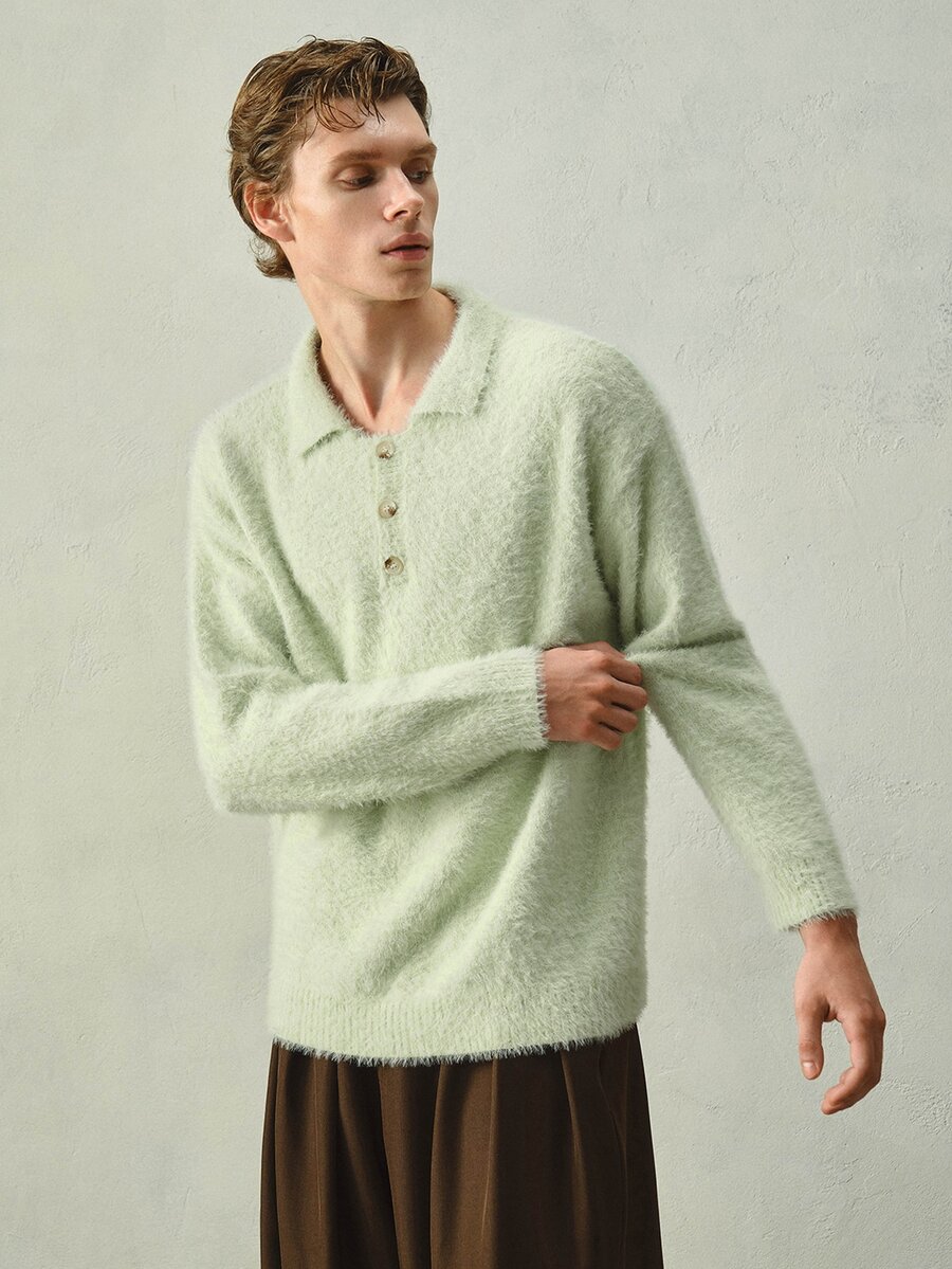 RONVEXI Old Money Men's Casual Solid Color Sweater, Autumn/Winter Fur, American, Style, Couple Outfit, Dinner Vacation Mint Green - Cadet Blue - View 1