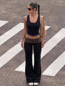 Muchica 女款休閒低腰直筒長褲，豹紋印花 - 彩色 - 查看 4