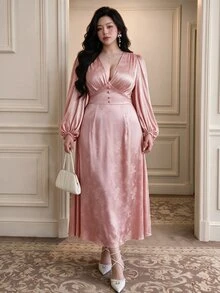 Vibekara New Spring Elegant Princess Style Sweet Jacquard Textured Fabric V-Neck Princess Seam Ruched Puff Long Sleeve Dress For Women, Formal Ball Gown - Pink - View 4