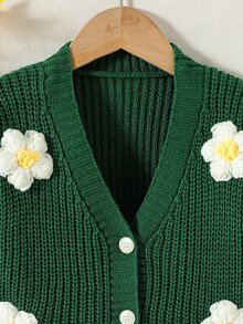 Elladie kids 少女 3D 花朵裝飾休閒百搭日常穿著開襟衫 - 墨綠色 - 查看 3