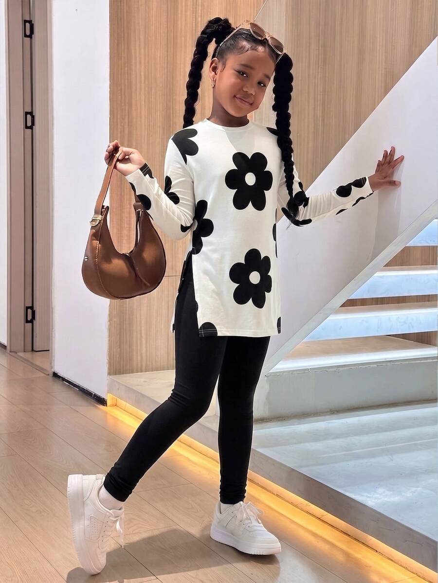 SHEIN 青少年女孩寬鬆長袖上衣與側開衩緊身內搭褲 2 件套 - 彩色 - 查看 1