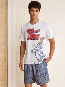 TOM & JERRY X SHEIN Men's Cartoon Print Short Sleeve T-Shirt And Pocket Shorts Set - White - View 6