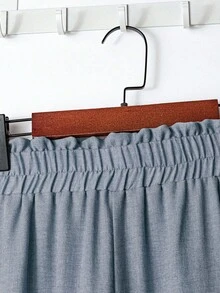 Linhara Setelan 2 Potong Kemeja Kasual Nyaman Lengan Sedang dengan Kerah Bulat, Kancing Depan Penuh, dan Celana Panjang Longgar Pinggang Elastis untuk Wanita Ukuran Plus, Warna Polos, Bahan Campuran Linen, Leher Bulat, dan Patchwork Renda + Celana Panjang Longgar Pinggang Elastis - Dusty Blue - View 6
