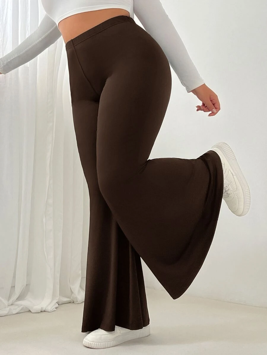 SHEIN EZwear 大尺碼女款純色休閒百搭日常穿著喇叭褲