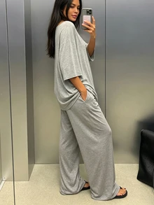 INAWLY Solva Women's Solid Color Deep V-Neck 3/4 Sleeve T-Shirt And Long Pants Casual 2-Piece Set - Grey - View 5