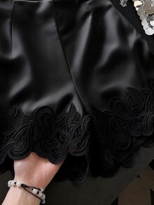 SHEIN Franclia Spring/Summer New Apricot Satin High-Waist Elegant Women's Daily Commute Lace Trim Shorts - Black - View 4