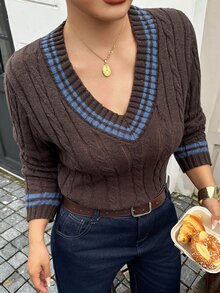 Dazy Plus Colorblock Patchwork V-Neck Slim Fit Blogger Casual Long Sleeve Spring/Autumn New Brown Sweater - Brown - View 6