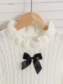 SHEIN 女童秋冬休閒保暖內裡加厚毛絨對比色蝴蝶結領荷葉邊長袖拼接喇叭下擺洋裝，奶油白兒童針織洋裝，女童針織洋裝 - 杏色 - 查看 4