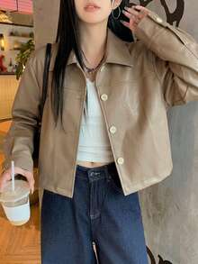 DAZY 女款純色寬鬆短版長袖翻領休閒街頭風韓式春秋PU夾克外套 - 卡其色 - 查看 3