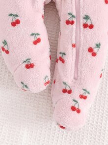 SHEIN 新生兒嬰兒櫻桃圖案休閒日常連身長褲睡衣 - 粉色 - 查看 3