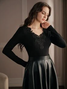 Anewsta Elegant Romantic Fitted Long Sleeve Hollow Lace Collar Commuter Sweater For Women - Black - View 1