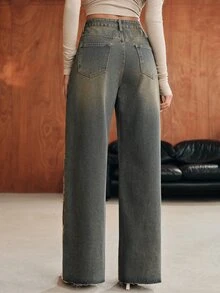 Anewsta Women's Casual Versatile Daily Wear Denim Jeans With Pocket, Button And Floral Embroidery Pattern - Blue - View 3